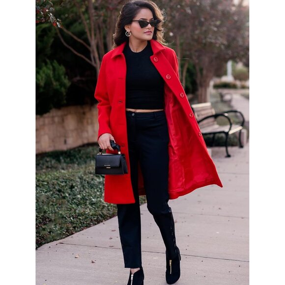 Women's  Red Wool Trench Coat Winter Long Thick Overcoat Walker Coats - Picture 2 of 5